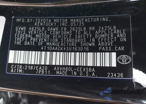 2025 Toyota Camry Se z USA, uszkodzony, nr VIN 4T1DAACK4SU163016